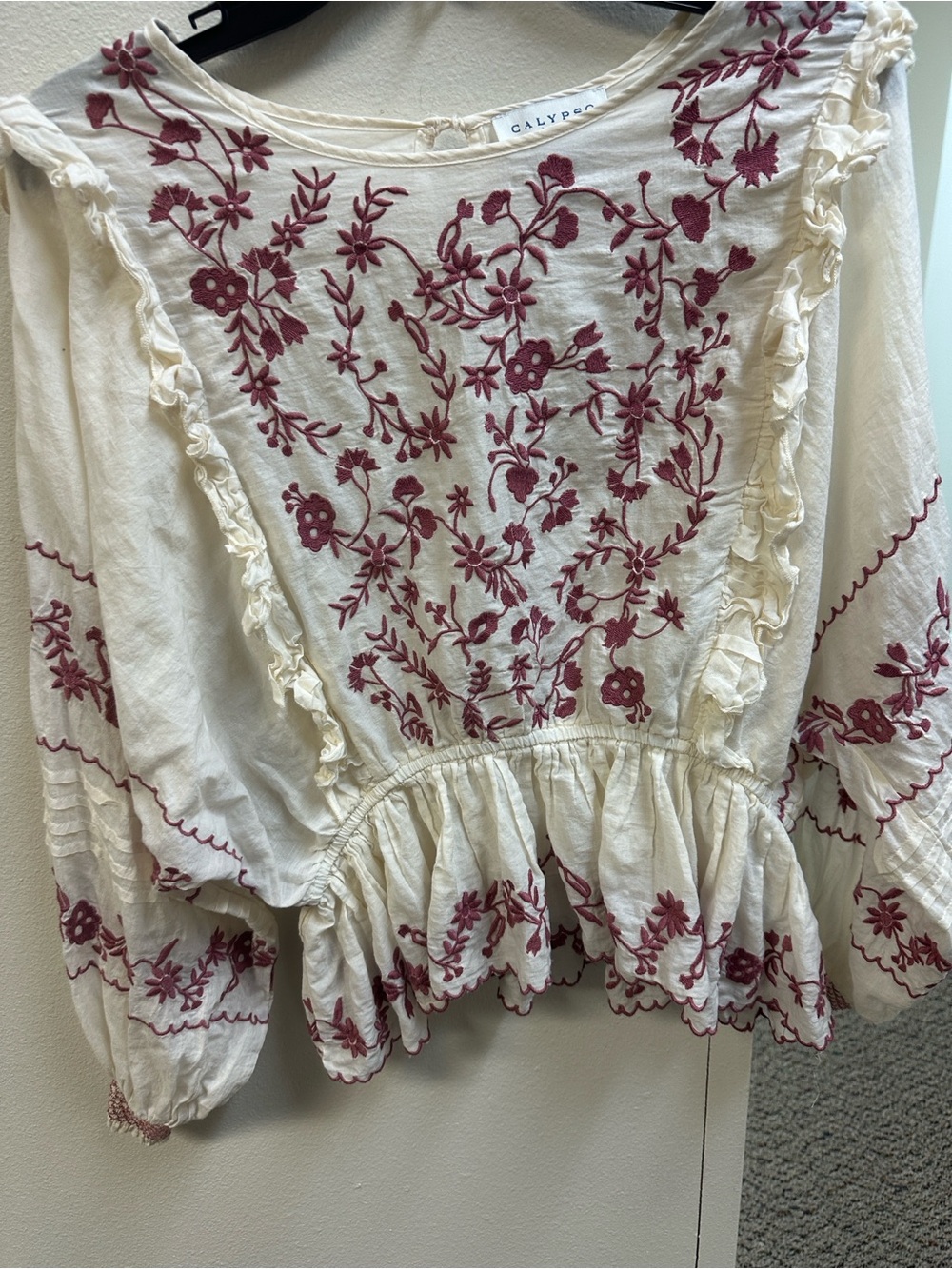 Ivory Peasant Blouse with Burgundy Floral Embroidery